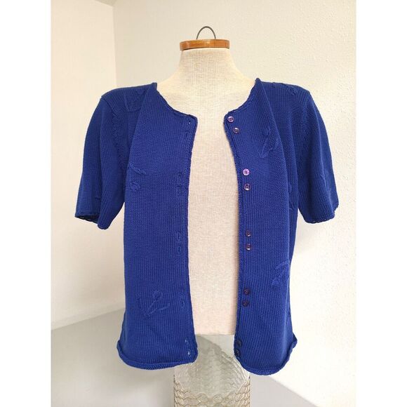 Vtg Pendleton Embroidered Blue Button Short Sleeve Granny Cardigan MEDIUM Bright - Picture 3 of 8